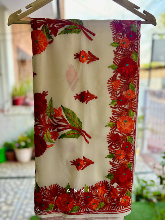 Cream Bordered Red flower Kashmiri Ari work