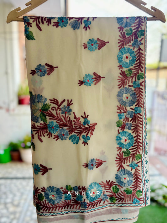 Cream Bordered blue flower Kashmiri Ari work