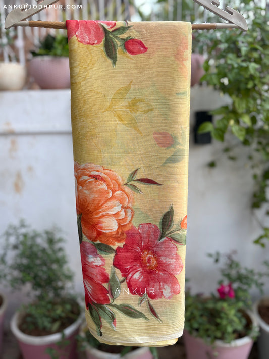 Blossom Twilight Yellow Crep Silk saree