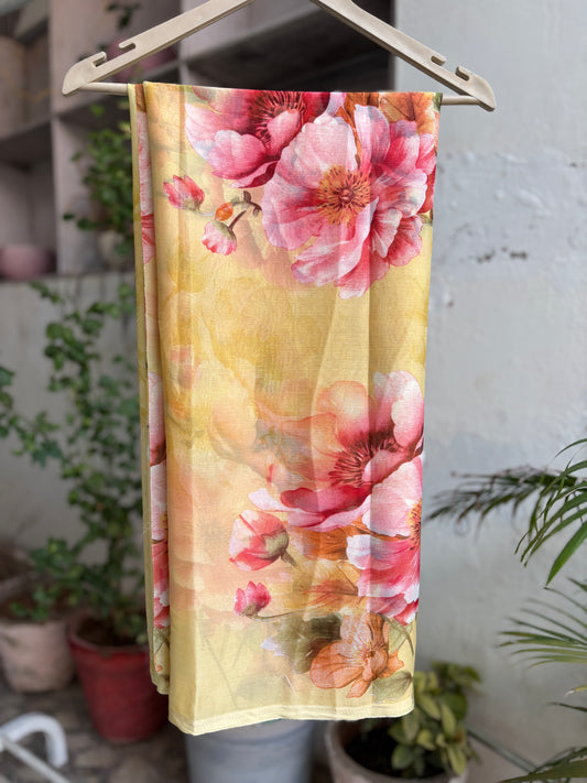 Creamy Yellow Crep Silk saree