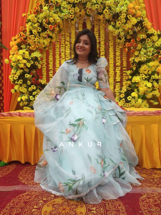 Sky Blue Tissue Organza Lehenga