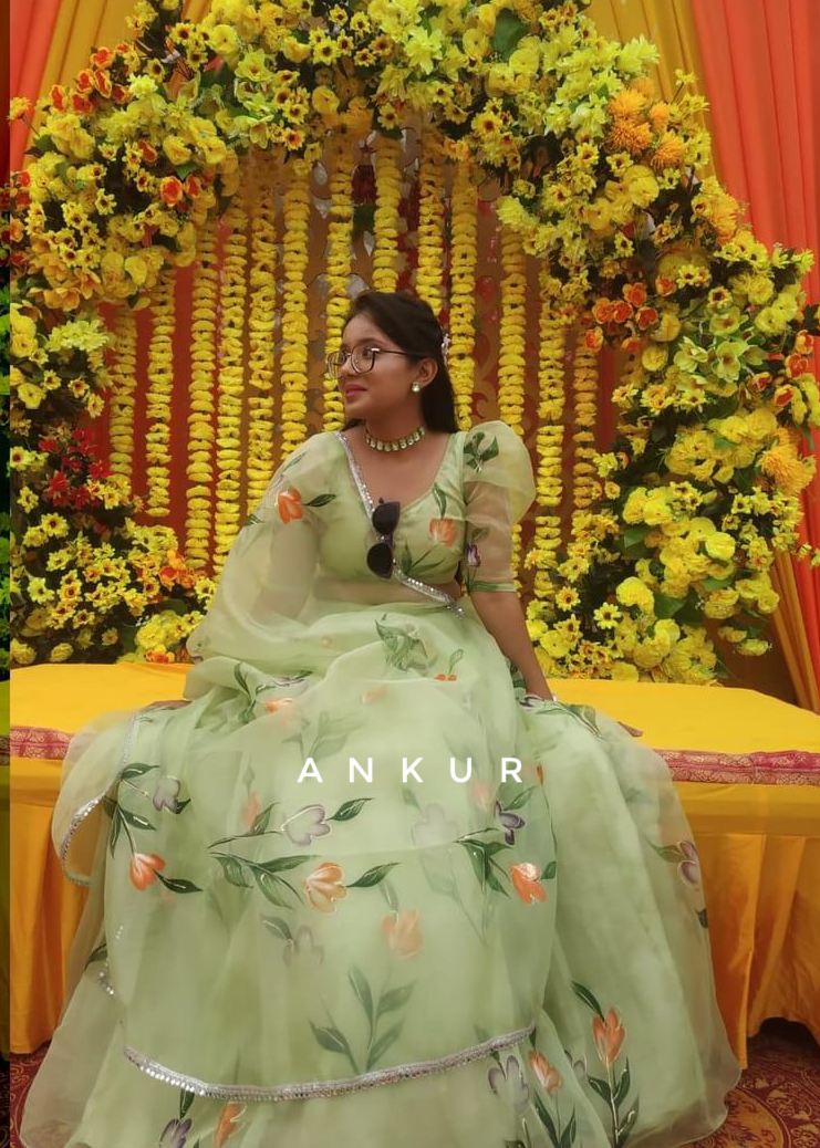 Pista Green Tissue Organza Lehenga