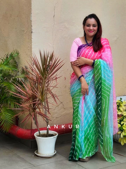 Four colour Shaded Green to wine Lehriya Zari Work