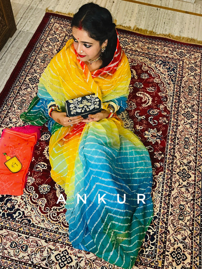 Four colour Shaded Blue to Orange Lehriya Zari Work
