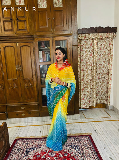Four colour Shaded Blue to Orange Lehriya Zari Work