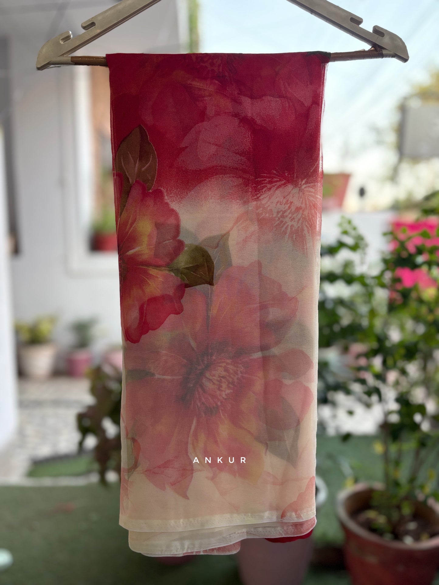 White to Redish Flower Print