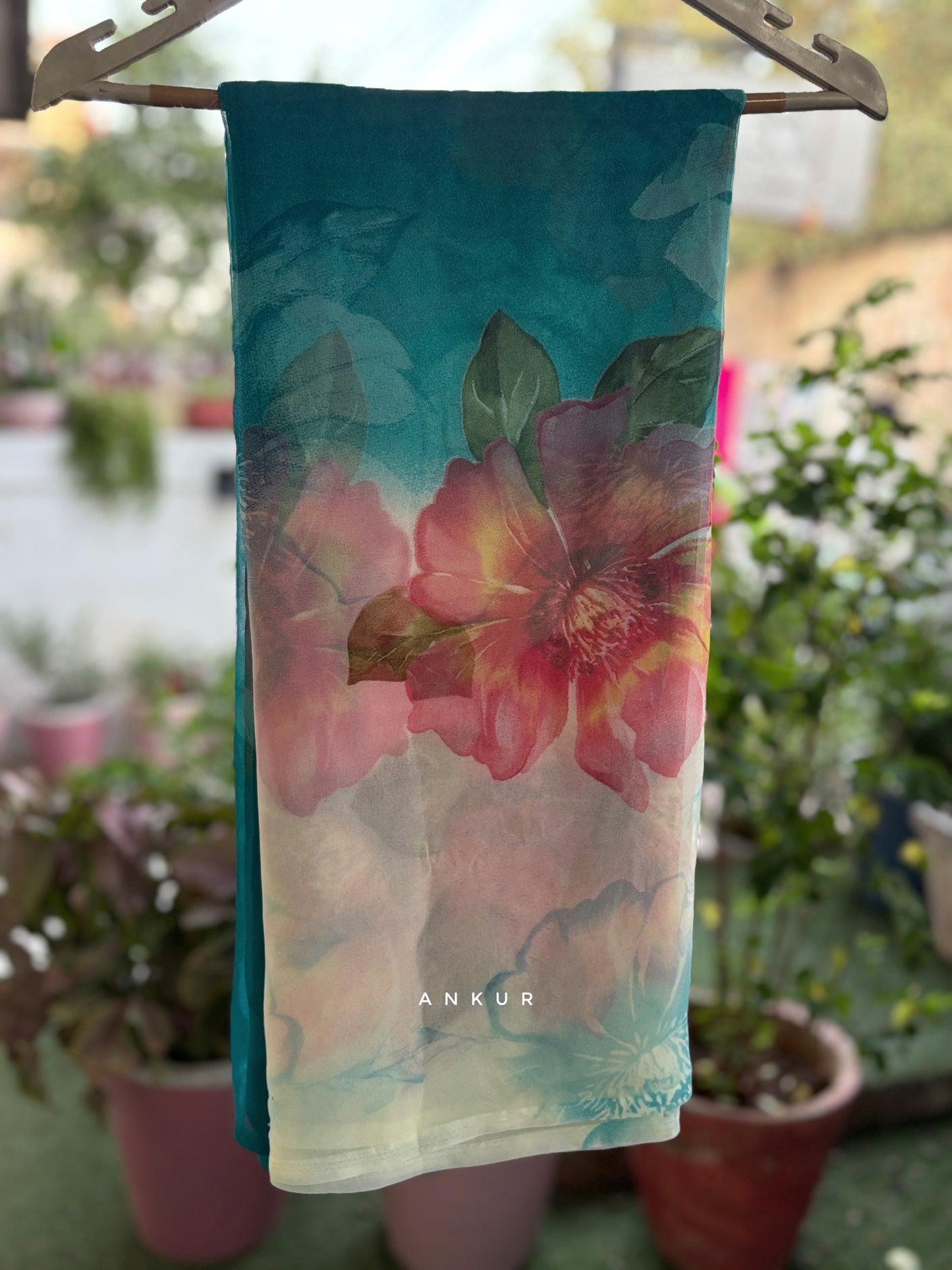 White to Blue Flower Print