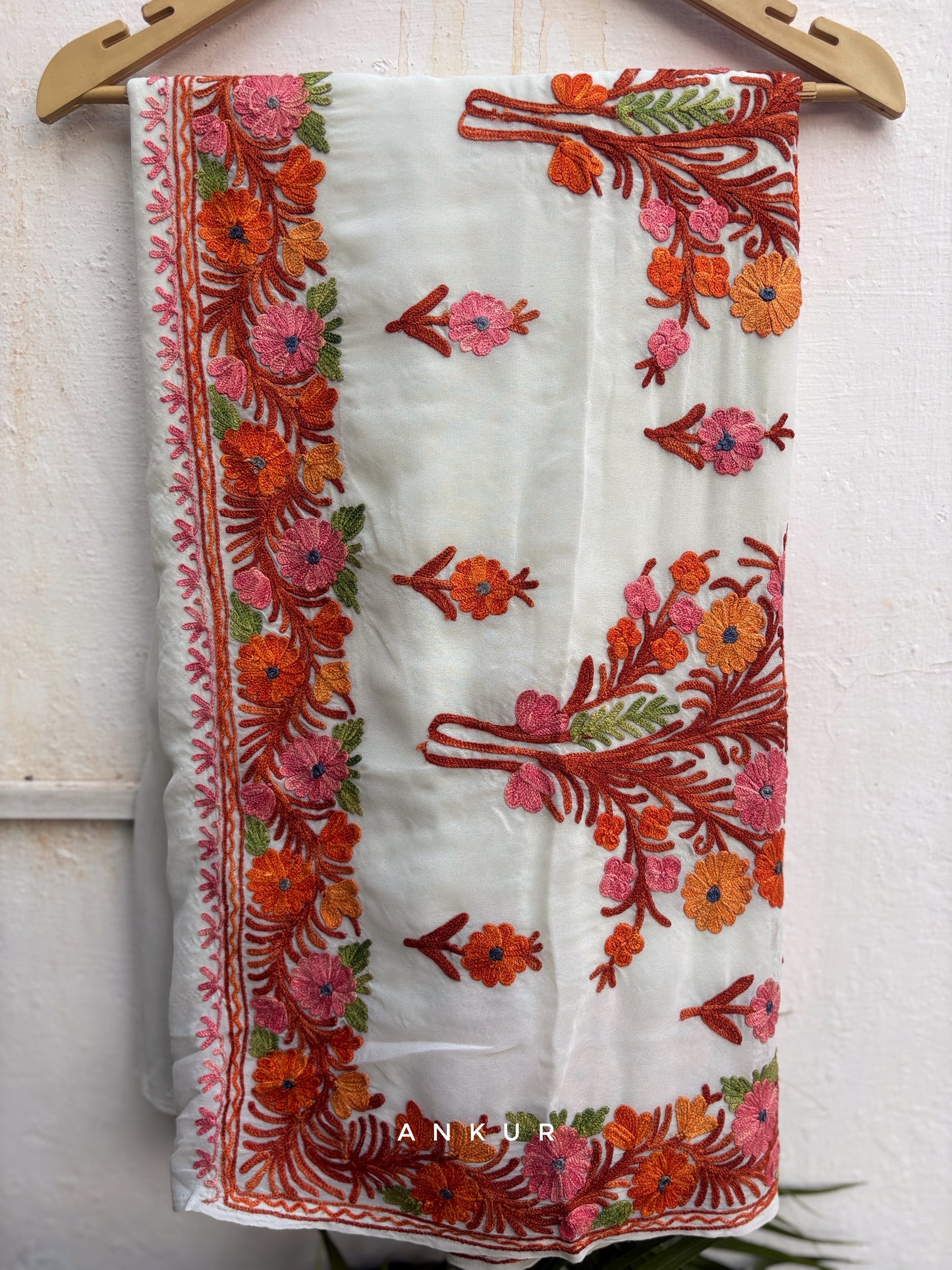 Cream Bordered Cherry red flower Kashmiri Ari work