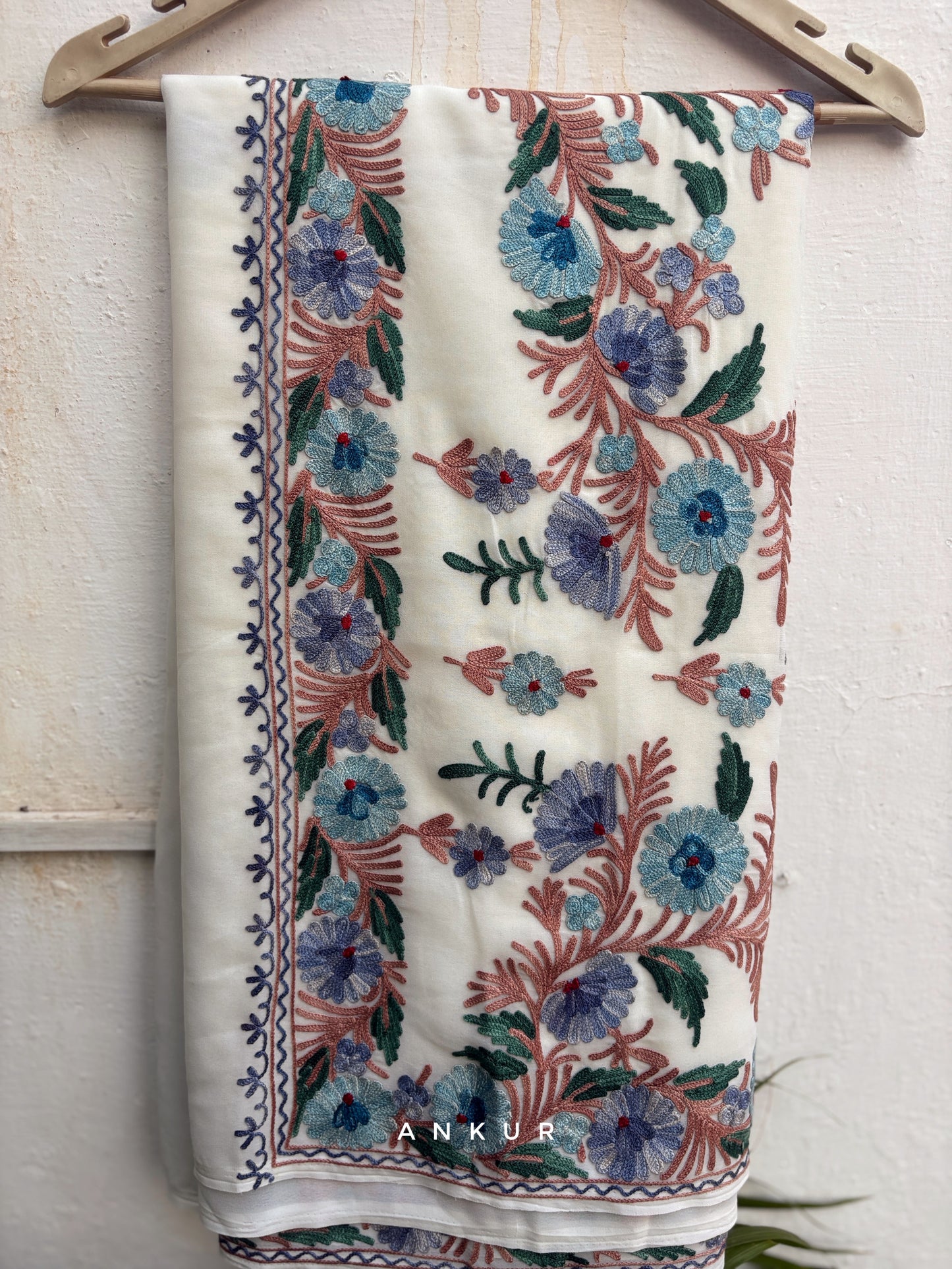 Cream Bordered bluish grey flower Kashmiri Ari work