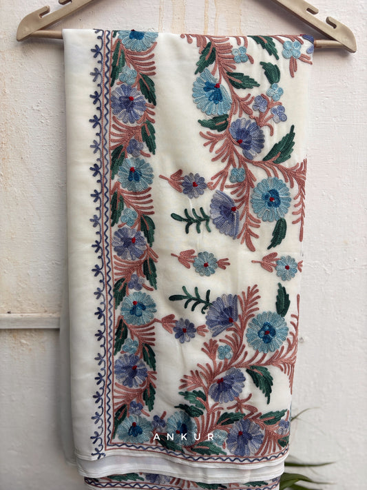 Cream Bordered bluish grey flower Kashmiri Ari work