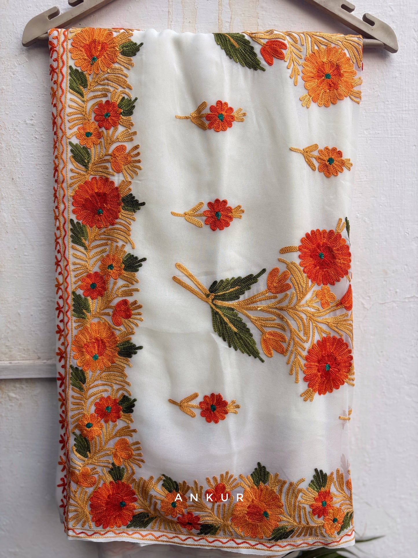 Cream Bordered Orangeish flower Kashmiri Ari work
