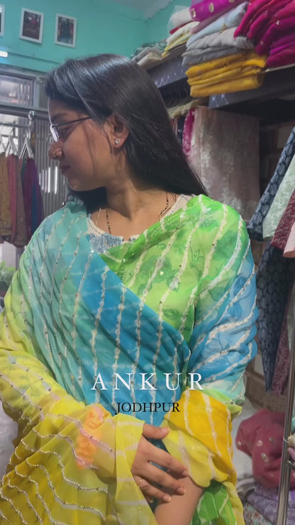 Four colour Shaded Blue to Orange Lehriya Zari Work