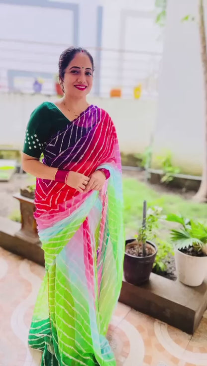 Four colour Shaded Green to wine Lehriya Zari Work